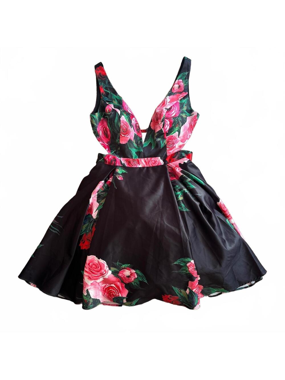 JOVANI Pink Rose Satin Plunging Mini Dress Size 8